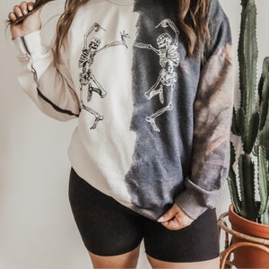 Dancing Skeletons Bleached Crewneck Sweatshirt-Oversized Sweatshirt-Halloween Sweatshirt-Skeleton Crewneck-Spooky Lounge Set