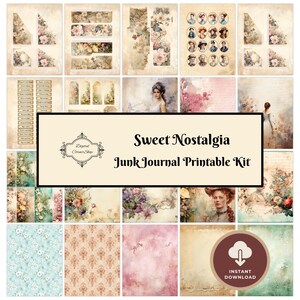 Kit digital de diario basura Sweet Nostalgia. Más de 90 páginas en alta resolución. Tamaño A4, carta de EE. UU. y 12 x 12 pulgadas.