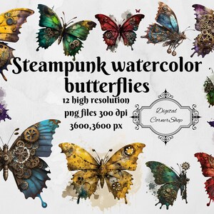 12 Steampunk Aquarell Schmetterlinge mit transparentem Hintergrund. Hochauflösende PNG-Dateien.