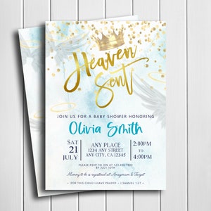 Heaven Sent Baby Shower Invitation, Baby Shower Invitation, Angel Wings, Halo, Heaven Sent, Crown, Boy, Personalized, Digital, Printable