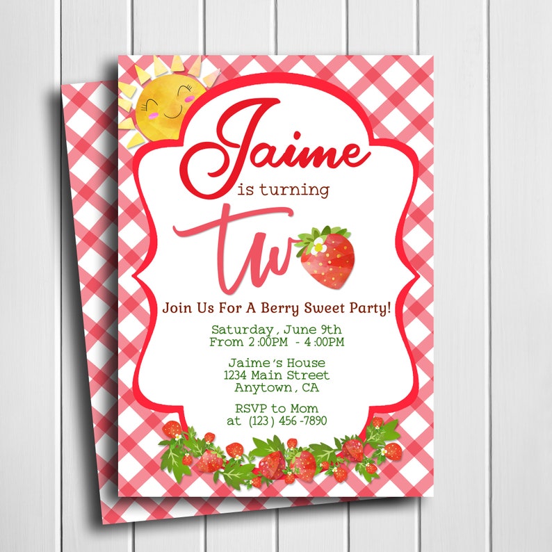 Invitation for Strawberry Birthday Invitation Two Sweet Birthday Invite for Second Birthday Strawberry Personalized Invite