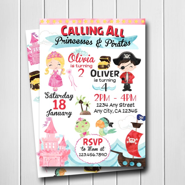 Pirate and Princess Invitation, Princesses and Pirates Invitation, Double Birthday Invitation, Princess & Pirate Birthday, Printable, Custom