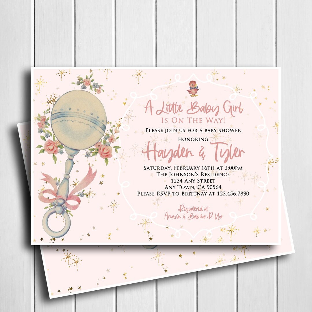 Pink Baby Shower Invitation for Girl Baby Shower Invitation Baby Rattle ...