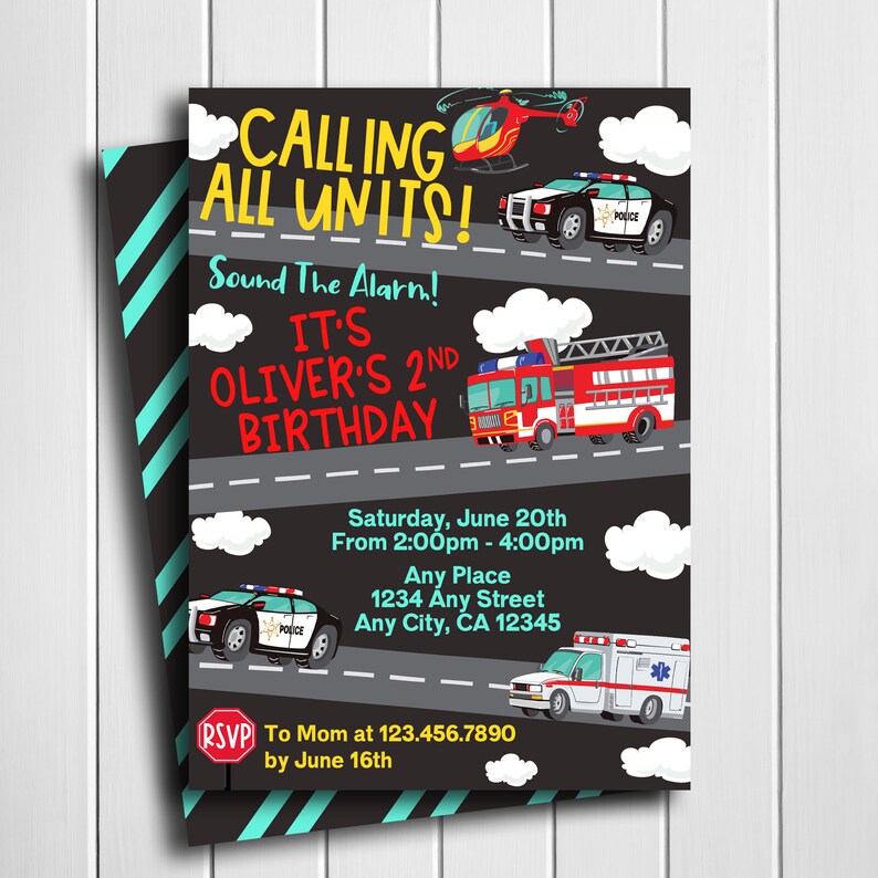 Emergency Vehicles Birthday Invitation Digital Rescue Etsy