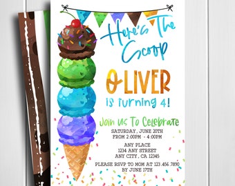 Ice Cream Birthday Invitation, Ice Cream Birthday Invitation, Ice Cream Birthday, Here's The Scoop, Ice Cream, Boy, Digital, Printable