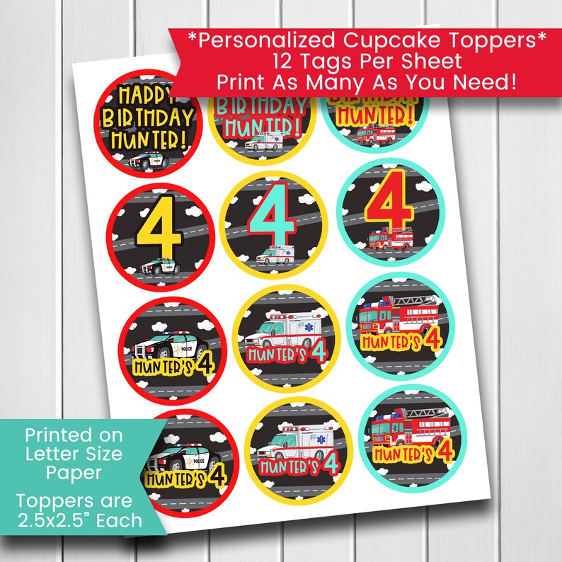 Emergency Vehicle Party Decorations Cupcake Toppers Gift Etsy