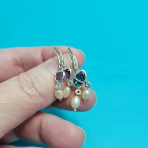Vintage Sterling Silver Pearl And Heart Amethyst Or Aquamarine Dangle Drop Earrings New Old Stock Made in Thailand