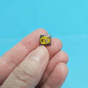 May include: A silver charm with a yellow oval background featuring a cartoon pig and the Chinese character for pig.