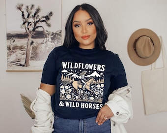 Camiseta con flores silvestres y caballos salvajes para amantes de la música country, estilo vaquera - Unisex