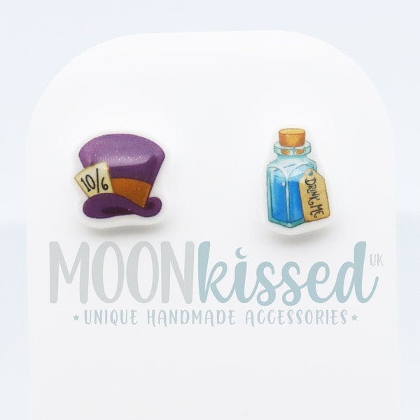 Alice in Wonderland Inspired Studded Earrings, Silver Plated Mad Hatter and Drink Me Shrink Potion