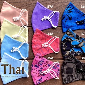 3 Layer Thai Silk & Muslin Face Mask, Nose Wire, Filter Pocket, Adjustable Ear Loops with end stoppers, Breathable, Washable, No Fog Mask