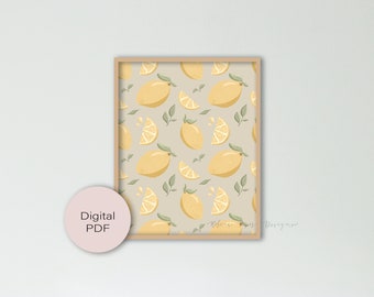 Lemon Pattern Art Print BEIGE || Digital PNG File ONLY || Kitchen Wall Art, Fruit Print, Wall Art for her, Print for Bedroom, Lemon Art