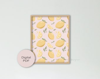 Zitronenmuster Kunstdruck ROSA || NUR digitale PNG-Datei || Küchenwandkunst, Obstdruck, Wandkunst für sie, Druck für Schlafzimmer, Zitronenkunst