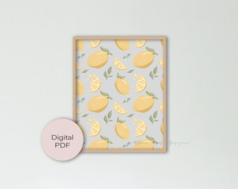 Lemon Pattern Art Print GRAY || Digital PNG File ONLY || Kitchen Wall Art, Fruit Print, Wall Art for her, Print for Bedroom, Lemon Art