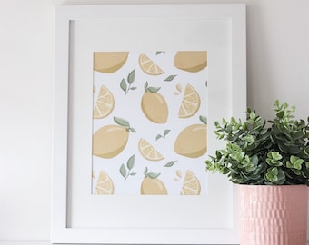 Lemon Pattern Art Print WHITE || Digital PNG File ONLY || Kitchen Wall Art, Fruit Print, Wall Art for her, Print for Bedroom, Lemon Art
