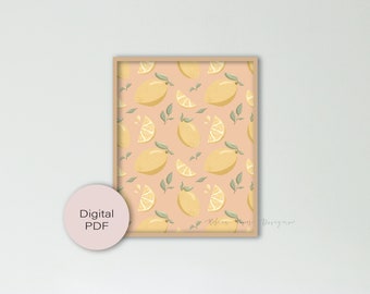 Lemon Pattern Art Print PEACH || Digital PNG File ONLY || Kitchen Wall Art, Fruit Print, Wall Art for her, Print for Bedroom, Lemon Art