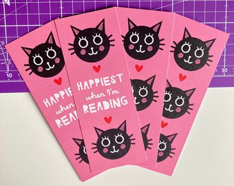 Happiest When I'm Reading - Cute Illustrated Cat Bookmark