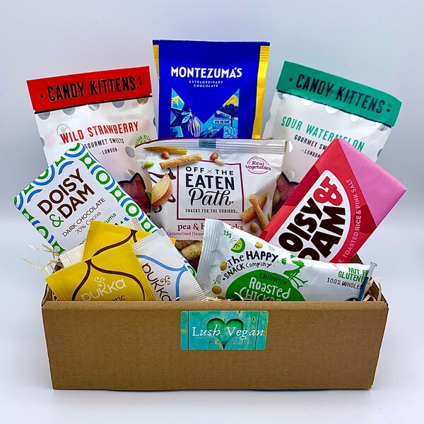 Vegan Christmas Gift Hamper, A Gift Box Full of Vegan Sweets, Chocolate, Snacks, and Tea.