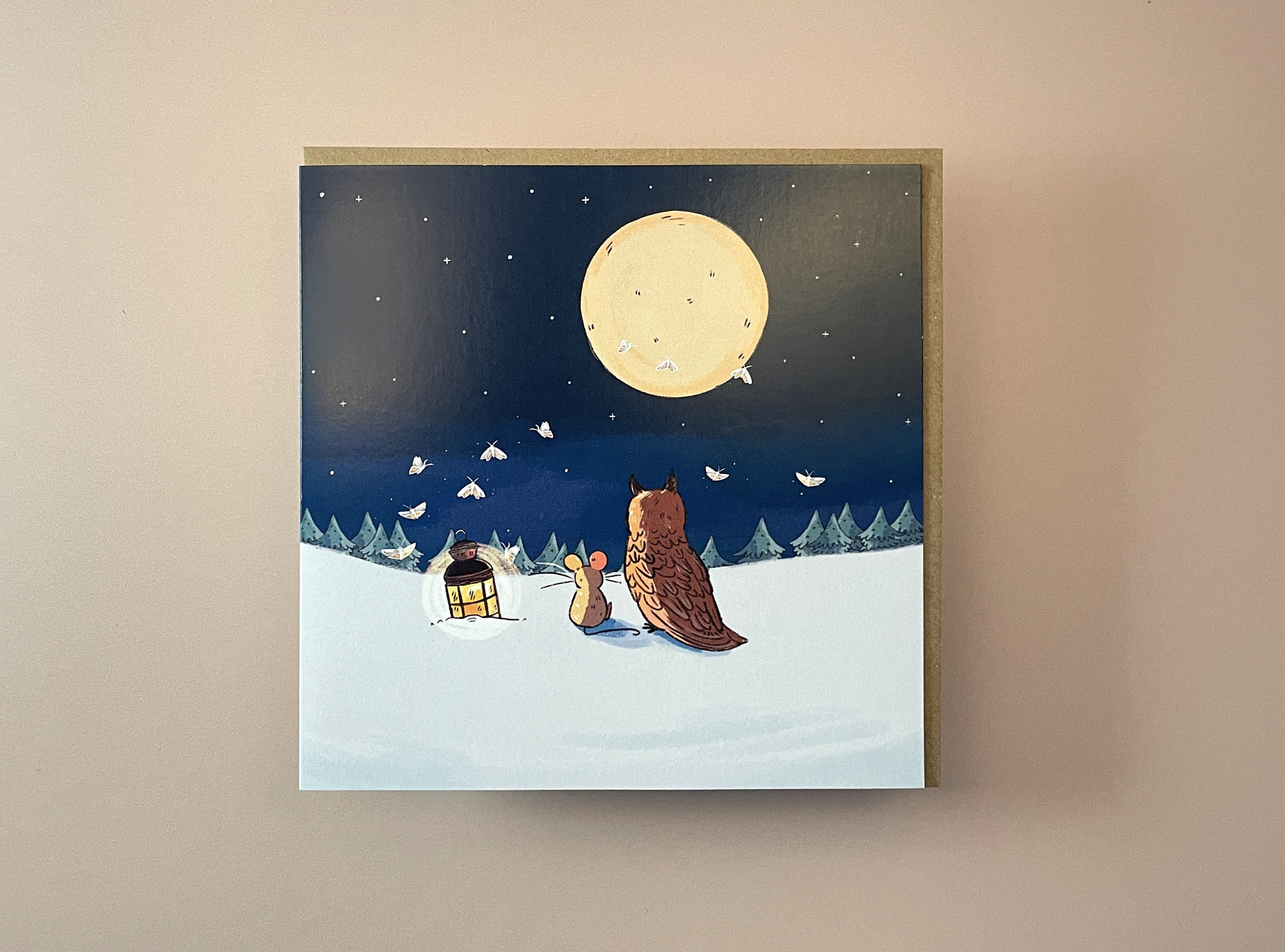 Night Moths Christmas Card: Owl and Mouse Snowy Scene