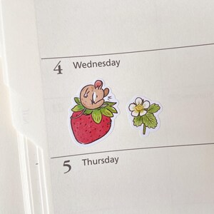 May include: A planner page with the number 4 and the word "Wednesday" written on it. There are two stickers on the page: a strawberry with a mouse sleeping on top of it and a white flower with green leaves.