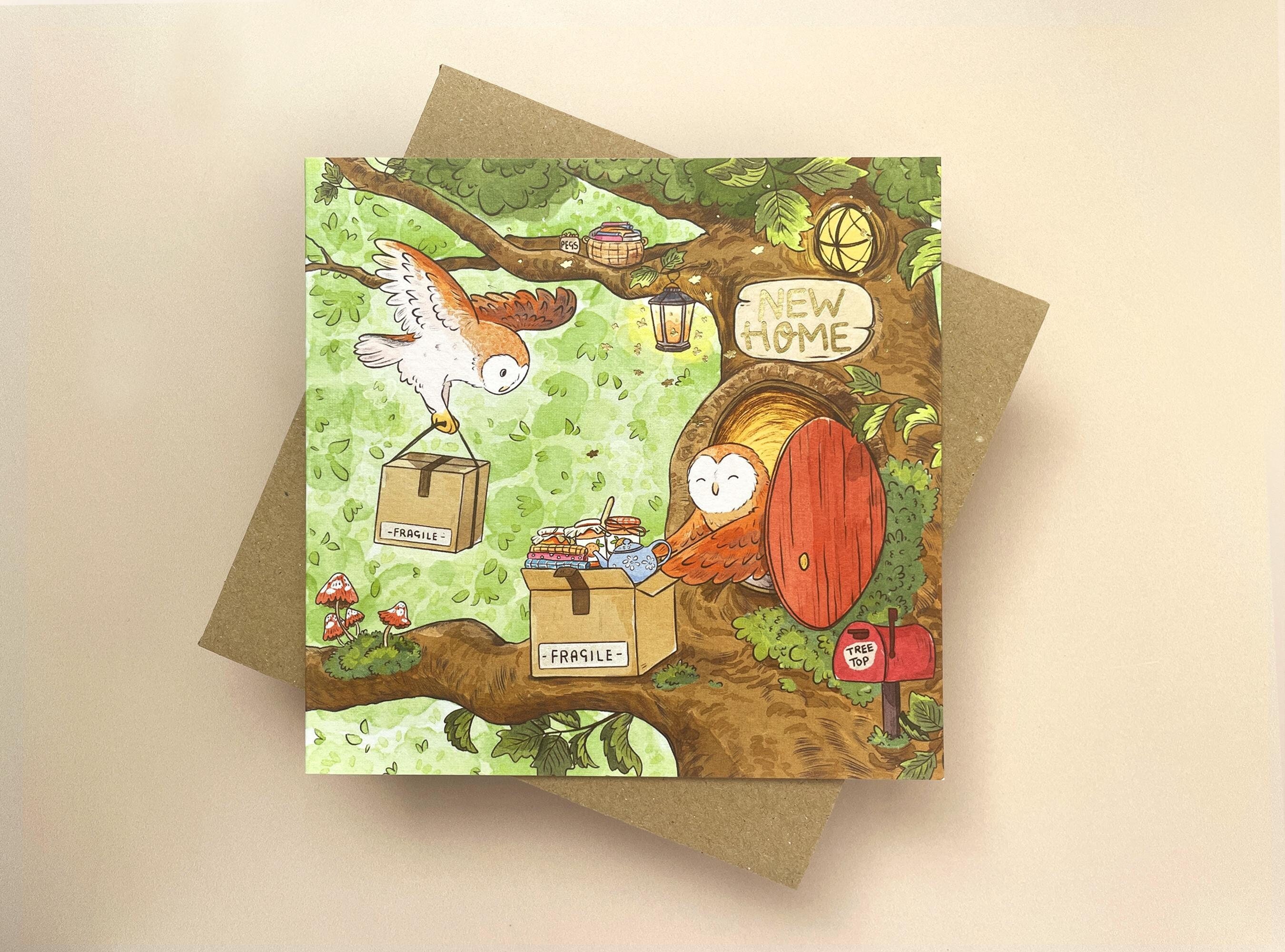 Owl New Home Card: Gold Foil Moving Card