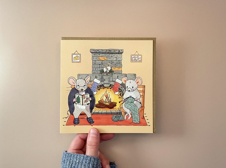 Christmas by the Fire Card Xmas Cards Christmas Cards Mice Card Grandma Card Happy Christmas Xmas card Lizey May image 3