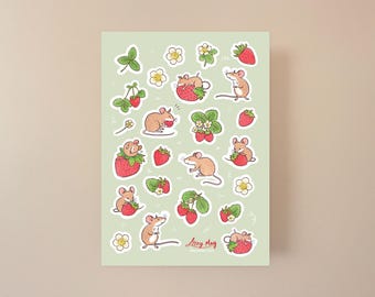 Mice and Strawberries Sticker Sheet: Waterproof Matte Vinyl Stickers