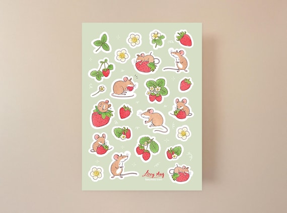 Mice and Strawberries Sticker Sheet: Waterproof Matte Vinyl Stickers