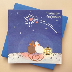 Tarjeta de primer aniversario con ratones mirando / Lámina plateada / Tarjeta de feliz aniversario / Tarjeta de aniversario / Tarjeta romántica / Tarjeta de "Te amo"