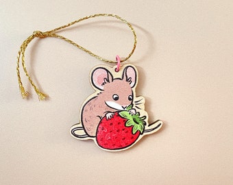 Strawberry Mouse Wooden Ornament | Bauble | Christmas Tree Ornament| Christmas Tree Decoration | Christmas Gift | Lizey May