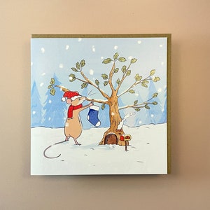 Mouse Christmas Card: Stocking Gifts, Snowy Scene