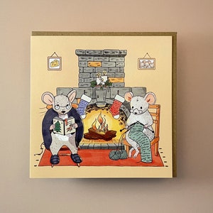 Grandma & Grandpa Mouse Christmas Card: Cosy Fireplace Xmas Card