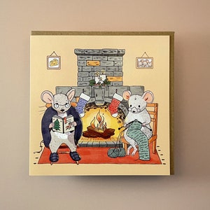 Christmas by the Fire Card Xmas Cards Christmas Cards Mice Card Grandma Card Happy Christmas Xmas card Lizey May image 1