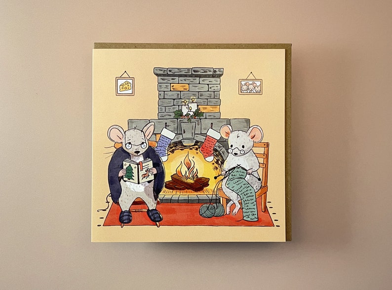 Christmas by the Fire Card Xmas Cards Christmas Cards Mice Card Grandma Card Happy Christmas Xmas card Lizey May image 1