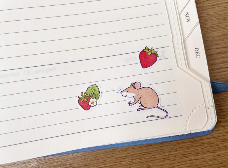 May include: A notebook with a blue cover and white pages. There are three stickers on the pages: a red strawberry, a green strawberry with a white flower, and a brown mouse.