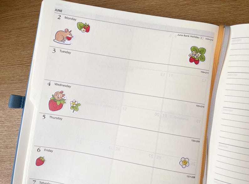May include: A weekly planner with a June calendar and stickers of strawberries, a mouse, and a flower. The planner has a white background with black lines and numbers.