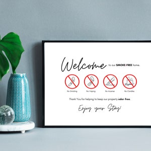 Puede incluir: Un letrero enmarcado con las palabras "Welcome" y "Enjoy your Stay!" en escritura negra. El letrero tiene cuatro iconos de círculo rojo con una línea que los atraviesa, que indican "No Smoking", "No Vaping", "No Incense" y "No Candles". También se incluye el texto "SMOKE-FREE home".