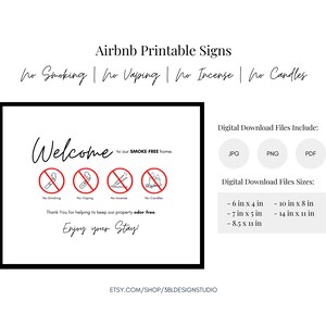 Op de afbeelding: Een afdrukbaar Airbnb-bord met een zwarte rand en witte achtergrond. Het bord bevat de tekst "Welkom in ons rookvrije huis" en pictogrammen die "Niet roken", "Niet vapen", "Geen wierook" en "Geen kaarsen" aangeven.