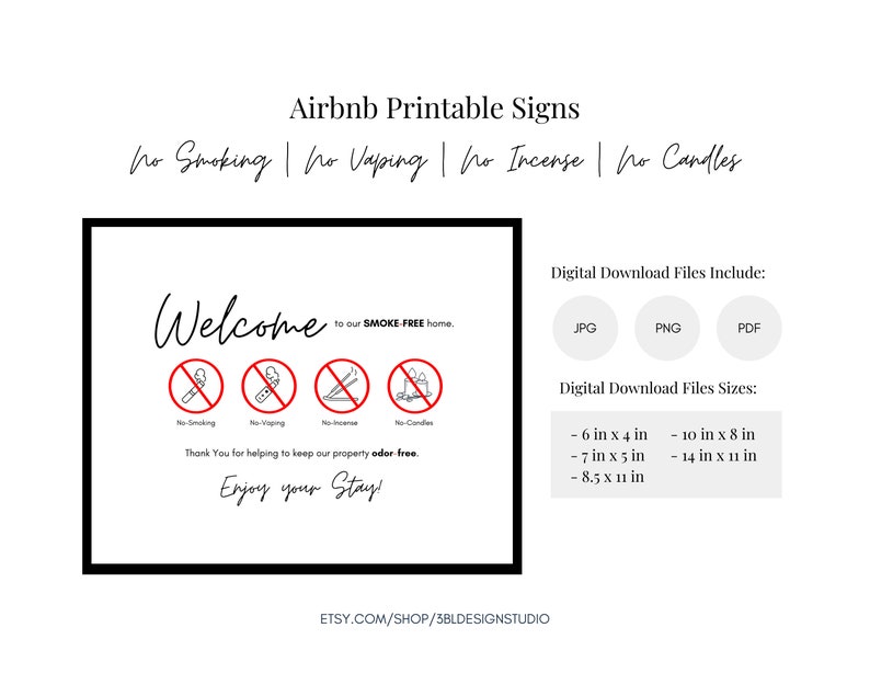 Op de afbeelding: Een afdrukbaar Airbnb-bord met een zwarte rand en witte achtergrond. Het bord bevat de tekst "Welkom in ons rookvrije huis" en pictogrammen die "Niet roken", "Niet vapen", "Geen wierook" en "Geen kaarsen" aangeven.