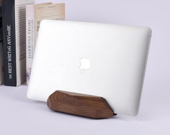 Vertical laptop stand for desk, wooden Macbook holder, notebook computer holder, iPad holder on desk, docking station, desk organizer