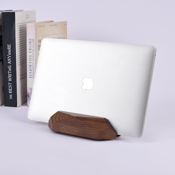 Vertical laptop stand for desk, wooden Macbook holder, notebook computer holder, iPad holder on desk, docking station, desk organizer