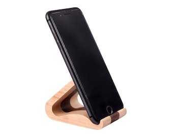 Solid wood phone stand for desk, walnut and maple wood iPhone holder, phone accessories