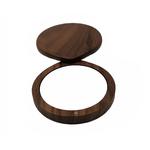 Small round wood pocket mirror for women