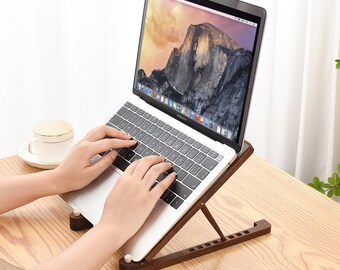 Foldable Walnut Wood Laptop Stand for Desk, Portable Laptop Display Stand for Macbook, Adjustable Table Laptop Riser Stand Holder
