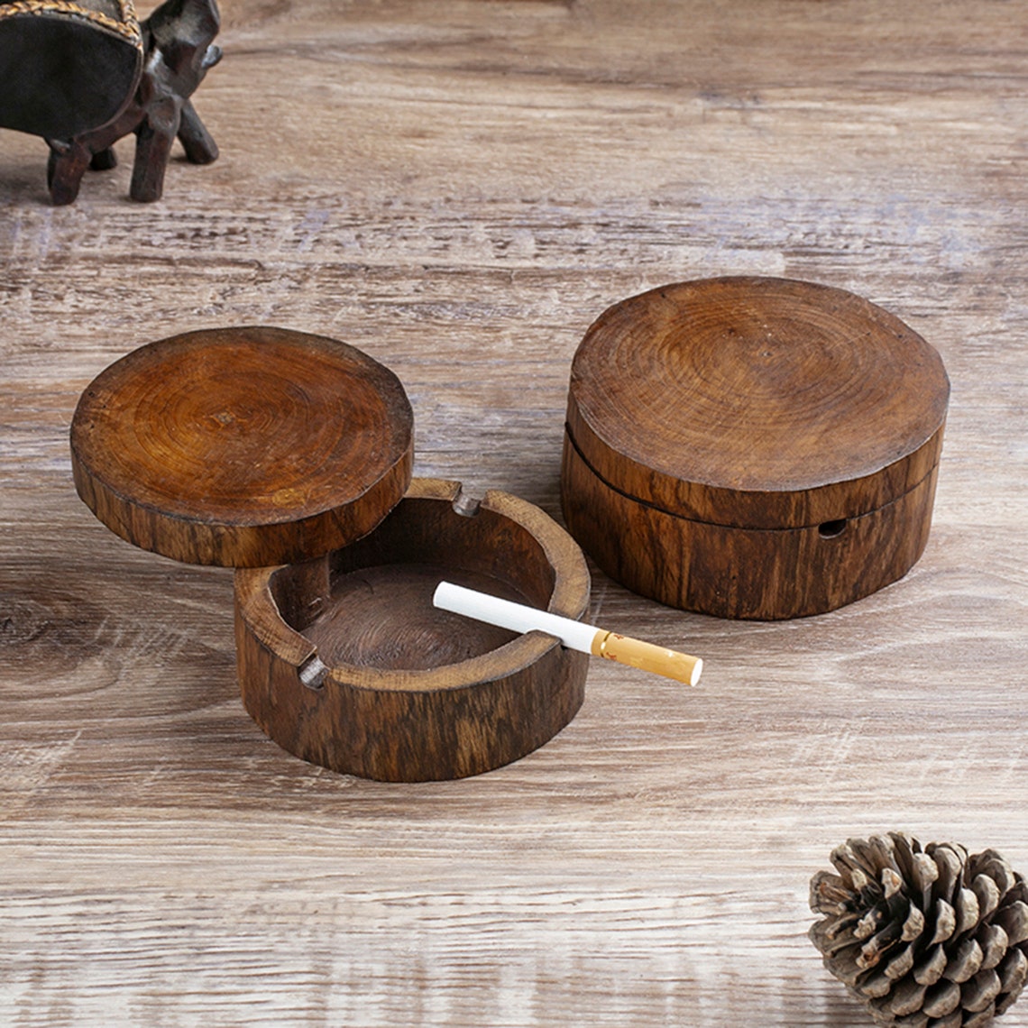 Rustic Wood Cigar Ashtray With Lid Round Ashtray for Etsy UK