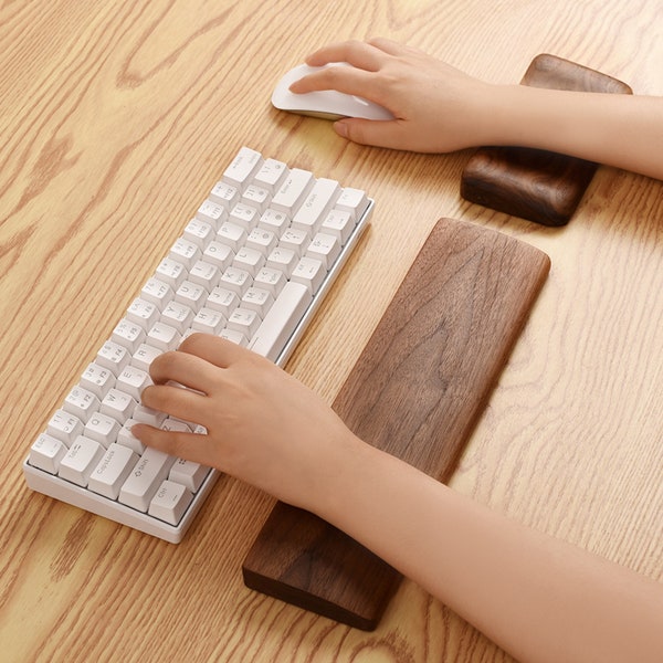 Walnut wood keyboard wrist rest, beech wood mouse wrist pad