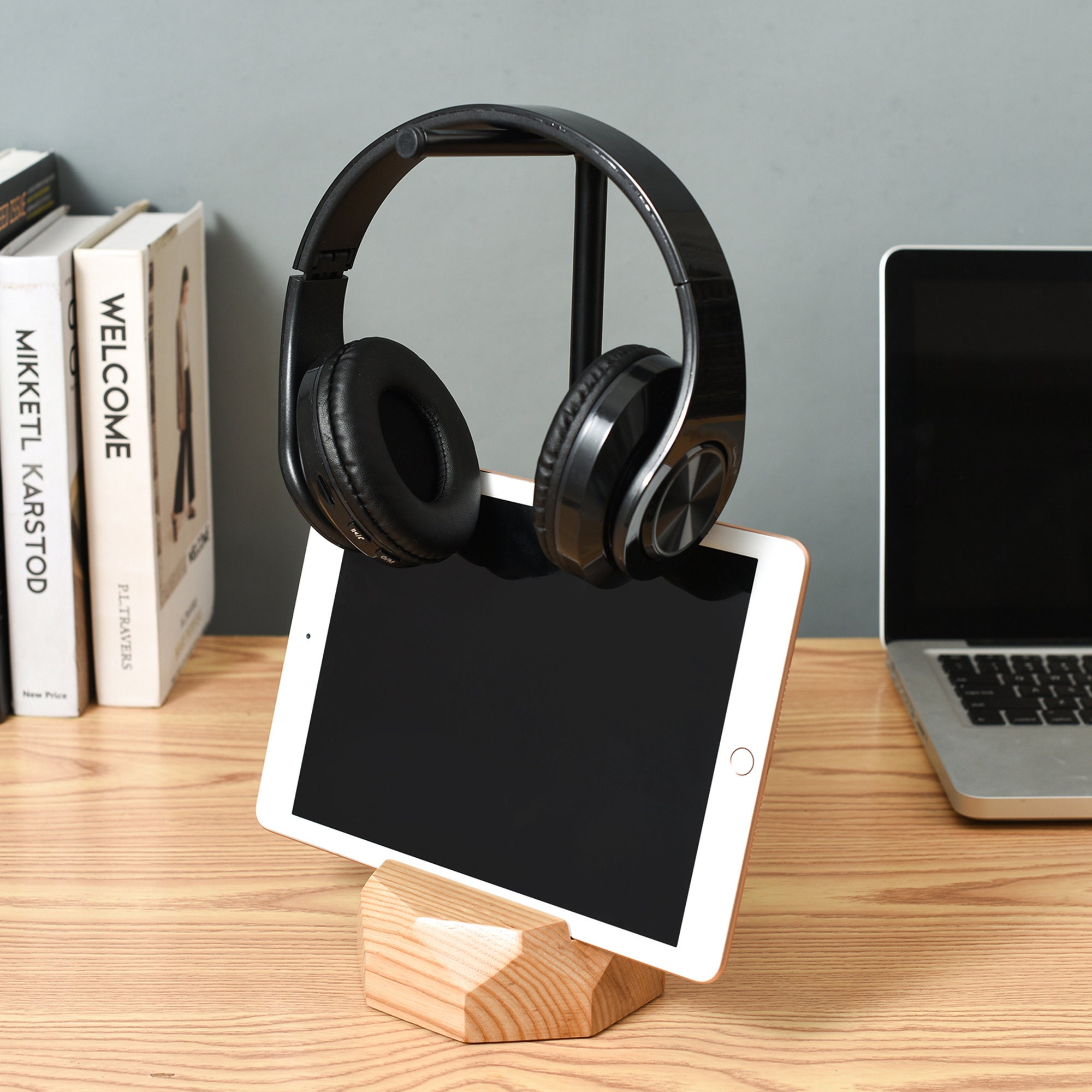 Desktop Wooden Headphone Stand With Phone Holder Ash Wood Etsy