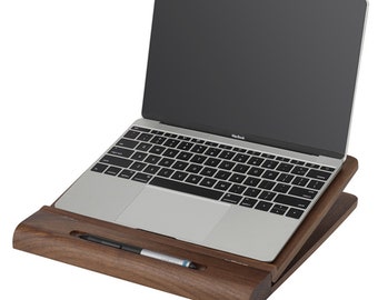 Wooden laptop stand with wrist rest, walnut wood notebook computer stand with phone holder pen holder, iPad pro stand for desk