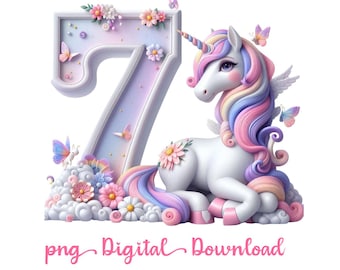 May include: A 3D illustration of the number 7 with a unicorn sitting beside it. The number is decorated with flowers and butterflies. The unicorn is white with a pink, blue, and purple mane and tail. The background is white.