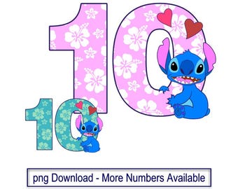 Stitch Birthday Age 10 PNG Instant Download Ready to Print for Shirt, Dress, or Cake, Banner